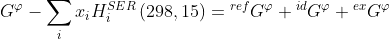 G^{\varphi}-\sum_{i}x_{i}H_{i}^{SER}\left(298,15 \right )={^{ref}G^{\varphi}}+{^{id}G^{\varphi}}+{^{ex}G^{\varphi}}